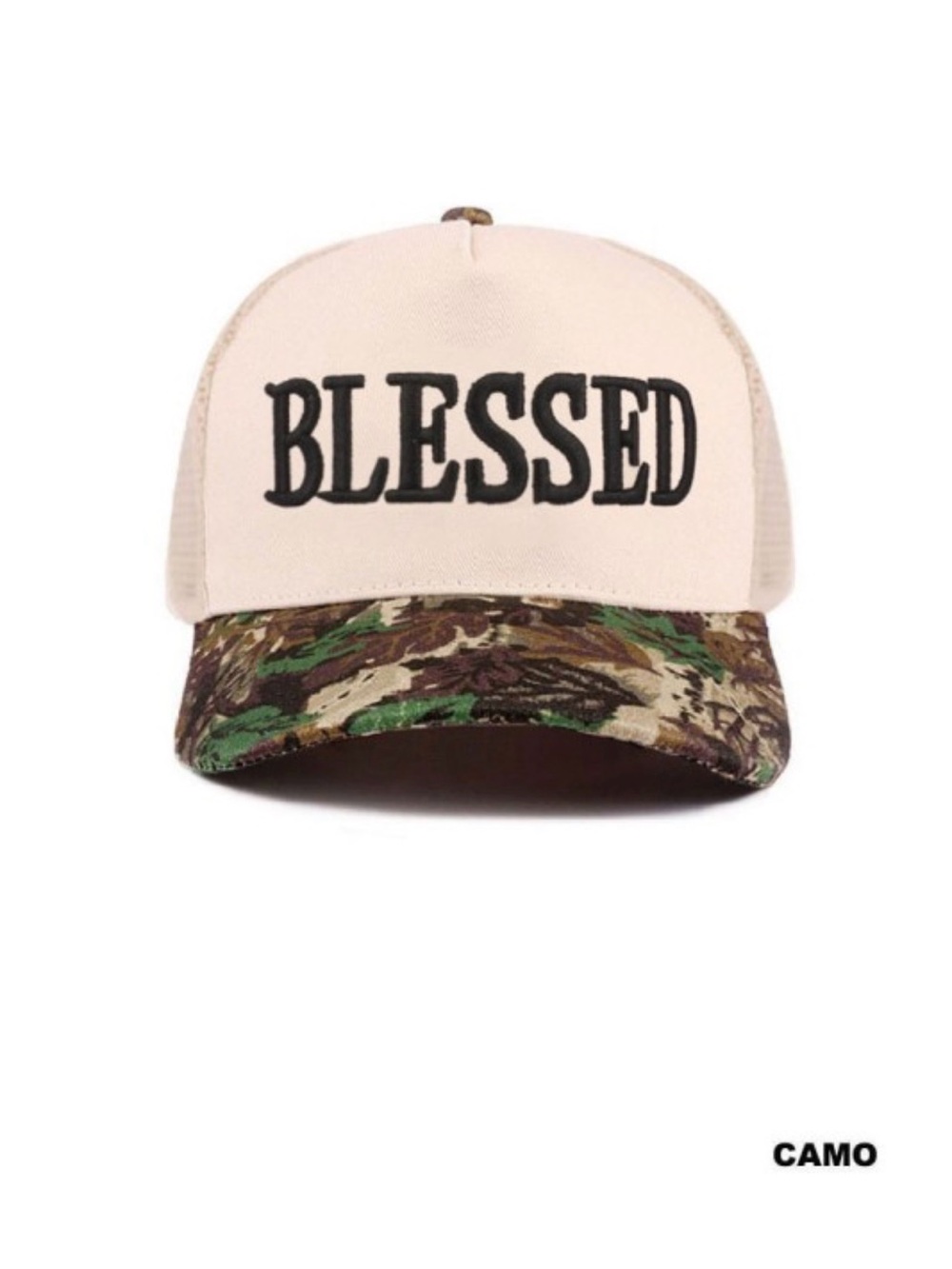 BLESSED Embroidered Trucker Hat - Beige & Camo
